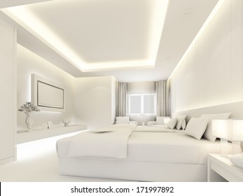 Bedroom Interior In White Color ,3d Render