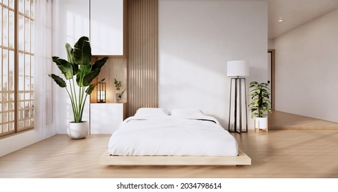 Bedroom Japanese Minimal Style.,Modern White Wall And Wooden Floor, Room Minimalist. 3D Rendering