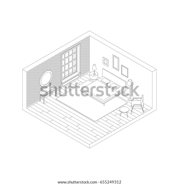 Bedroom Line Drawing Isometric View Raster Stock