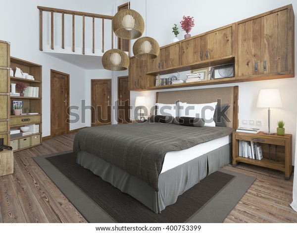 Bedroom Loft Style Wooden Furniture Walls Stock Illustration 400753399