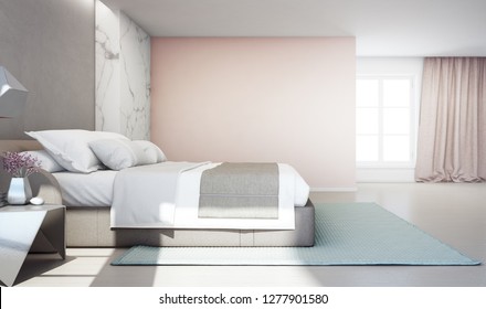 Bedroom of luxury house with double bed and carpet on wooden floor. Empty pink concrete wall background in vacation home or holiday villa. Hotel interior 3d illustration.