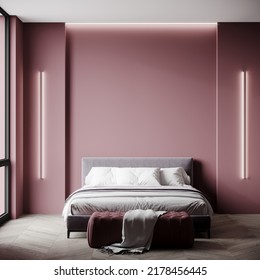 Bedroom in luxury pink tone 2022. The deep accent color rose of the walls of the room and the gray bed. Painted place blank for creativity, art or pictures. 3d rendering