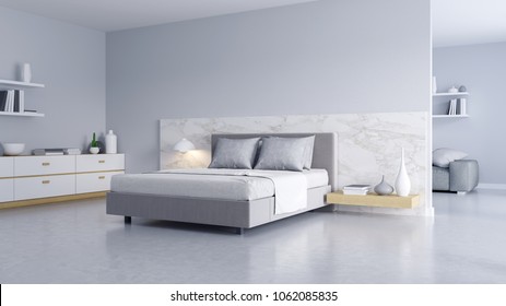 Bedroom And Modern Loft Style.,Cozy White And Gray Room Minimalist Concept ,bed With Polished Concrete Floor And White Wall ,3d Rendering