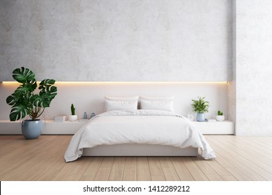 Bedroom and Modern Loft style.,Cozy white and gray room minimalist concept ,bed with wood floor and white wall ,3d rendering