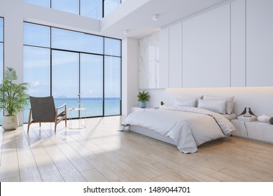 Bedroom and Modern style.with sea view ,bed with wood floor and white wall ,3d rendering