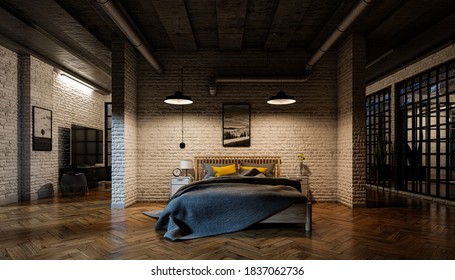 Bedroom At Night In A Loft Interior With A Brick Wall, Parquet Floor And A Concrete Ceiling - 3d Rendering