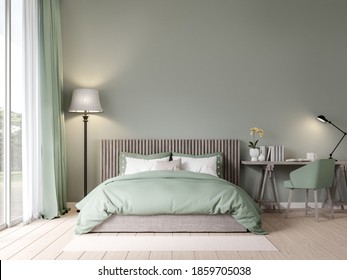 Bedroom in pastel green color with garden view 3D render , the room has wooden floors, empty painted walls, green fabric furniture, large windows with natural views.