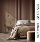 Bedroom in pastel tone Mocha Mousse color trend 2025 year panton furniture and background. Modern luxury room interior home design. 3d render