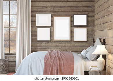 Bedroom In Ranch House. Interior And Frame Mockup. 3d Render.