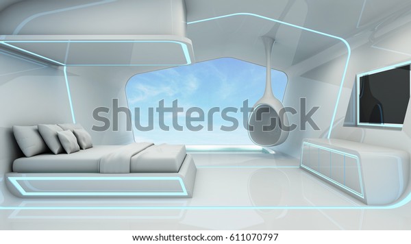 Schlafzimmer Scifi In Weissem Raum Blauer Stockillustration
