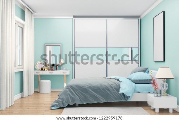 Bedroom Soft Blue Colors Wardrobe Mirrored Interiors Stock