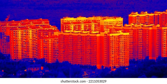 Bedroom Suburb. Imperfect In The Characteristics Of Thermal Insulation, High-rise Buildings Emit A Lot Of Thermal Energy. Power Economy, Heat Economy. Illustration Of Thermal Imager