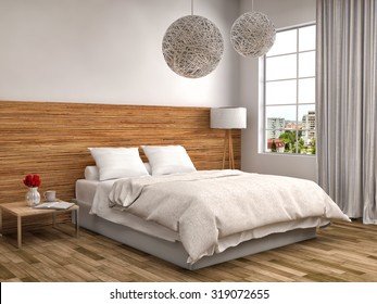 Bedroom With Wood Trim. 3d Illustration