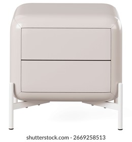 Bedside table with smooth rounded edges, glossy white finish, two seamless drawers, and sleek metal legs for a stylish and functional bedroom accent. Isolated on white background. 3d render