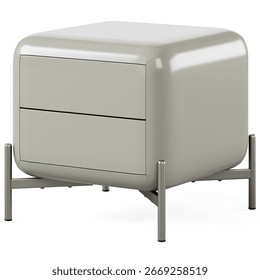 Bedside table with smooth rounded edges, glossy light green finish, two seamless drawers, and sleek metal legs for a stylish and functional bedroom accent. Isolated on white background. 3d render