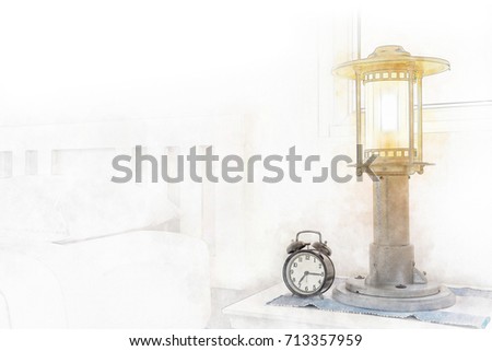 bedside tables with lights and black alarm clock in watercolor painting.