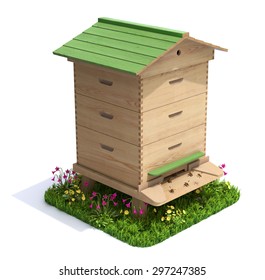 Bee Hive With The Grass And Flowers On White Background - 3D Illustration