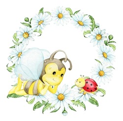 A Bee, A Ladybug, Lie Against A Background Of Daisies Gathered In A Circle. Watercolor Clipart In Cartoon Style, On An Isolated Background.