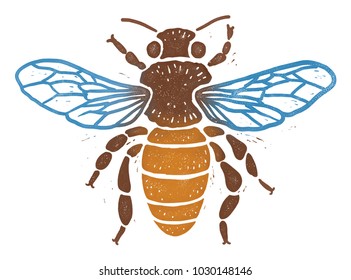 Bee Linocut Illustration, Isolated On White With Clipping Path