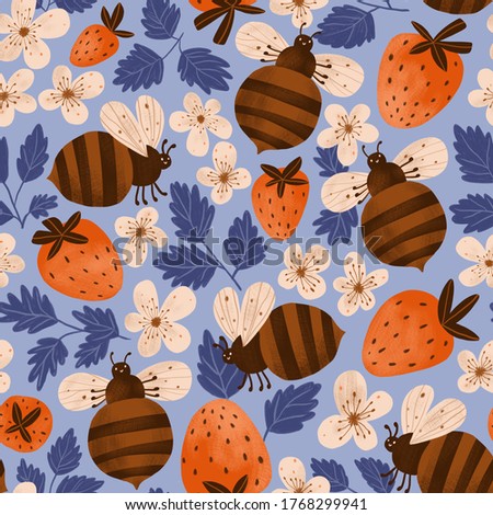 Bee and strawberry seamless pattern in hand-drawn style. Cute summer insect repeated background for kids fabric