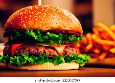 Beef Burger Are Served With French Fries On A Decorative Wooden Board With Tomato Sauce With Wooden Decorative Pieces Of Simple Mechanism. Restaurant, Fast Food Concept. Street Food Concept.