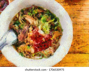 Beef noodles in a bowl on a wooden table Illustrations creates an impressionist style of painting. - Powered by Shutterstock