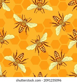 Beehive Wallpaper, Honeybee Seamless Pattern, Insects Background, Healthy Food Decoration, Organic Honey