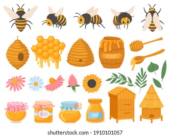 Beekeeping. Apiculture products various honey in glass jars. Honeycomb, beeswax, beehive, flowers and bees organic food  set. Illustration honey and beekeeping, bee and sweet organic