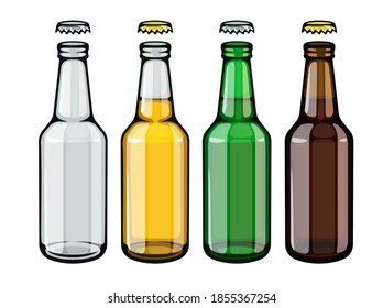 Beer bottles set of empty and full filled with crafting brewery beer drink glass tare opened with caps, isolated white background. 3D illustration. - Powered by Shutterstock