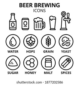 Beer Brewing Icon Set. Beer Making Ingredients, Glasses And Containers. Simple Line Icons.