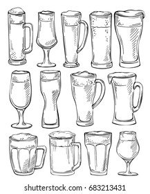 Beer glasses and mugs. Sketch set of beer glasses and mugs in ink hand drawn style.Set of beer objects. Hand drawing - Shutterstock ID 683213431