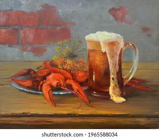 Beer Mug With Frothy Beer And Boiled Crawfish On The Table,handmade Painting, Oil Painting On Canvas, Alcohol, Red, Drink, Food, Crayfish, Glass, Beer