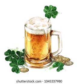 Beer Mug With Lucky Shamrock. Watercolor Illustration