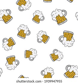 Beer Mug Seamless Pattern, Hand Drawn Doodle Background. Illustration.