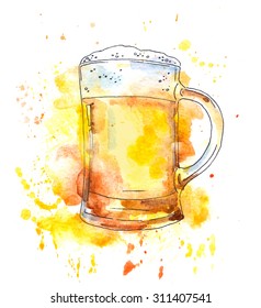 Beer Mug. Watercolor With Drops, Brush Stroke And Splash