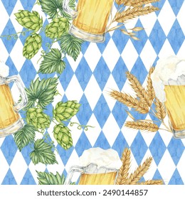 Beer mugs, barley spikes, and green hops on bavarian flag backdrop. Watercolor seamless pattern perfect for eco-friendly packaging, Oktoberfest decor, product branding, and nature-inspired designs. - Powered by Shutterstock