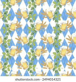 Beer mugs, barley spikes, and green hops on bavarian flag backdrop. Watercolor seamless pattern perfect for eco-friendly packaging, Oktoberfest decor, product branding, and nature-inspired designs. - Powered by Shutterstock