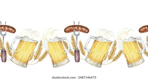 Beer mugs, barley stalks, forks with grilled sausage in continuous line. Seamless border watercolor clipart for pub signs, beer tasting events, Oktoberfest promotions, party supplies - Powered by Shutterstock