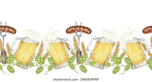 Beer mugs, barley stalks, hop cones and forks with grilled sausage in continuous line. Seamless border watercolor clipart for pub signs, beer tasting events, Oktoberfest promotions, party supplies - Powered by Shutterstock