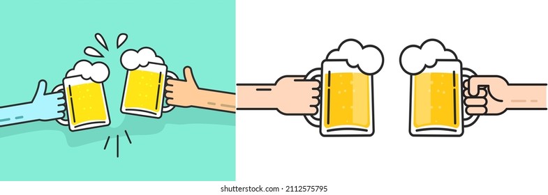 Beer mugs hands holding and toasting or two friends celebrating drink fest party and cheering flat cartoon line outline style illustration isolated on blue and white background image - Powered by Shutterstock