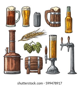 Beer set with tap, glass, can, bottle, hop branch with leaf, ear of barley, wooden barrel and tanks from brewery factory. Vintage engraving illustration. Isolated on white background. - Powered by Shutterstock