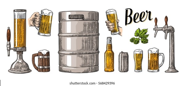 Beer Set With Two Hands Holding Glasses Mug And Tap, Can, Keg, Bottle. Vintage Color Engraving Illustration For Web, Poster, Invitation To Party. Isolated On White Background.