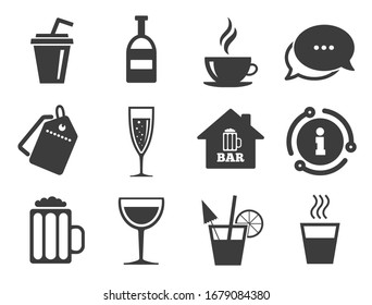 Beer, wine and cocktail signs. Discount offer tag, chat, info icon. Coffee, tea icons. Soft and alcohol drinks symbols. Classic style signs set. - Powered by Shutterstock