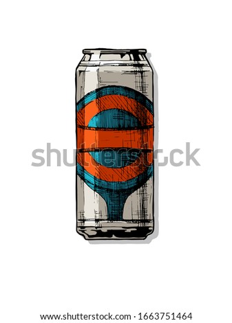 Beercan. Hand drawn illustration of beverage can in ink hand drawn style.  isolated on white. 