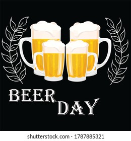 Beers day concept with 4 glasses of beer arranged in a cool manner for celebration, with black back ground with wheat background - Powered by Shutterstock