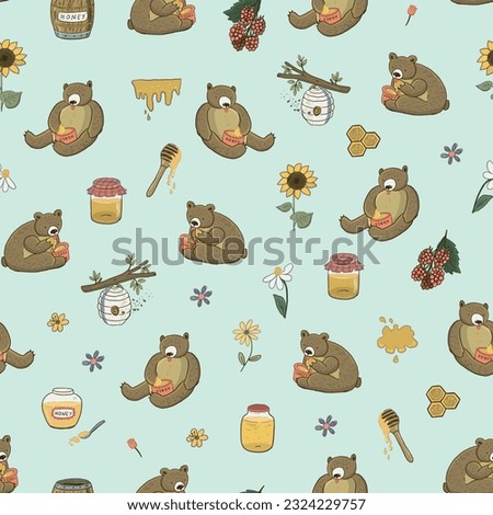 Bees, honey and bears seamless pattern.