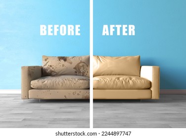 Before and after cleaning sofa. Blue soft sofa dirt stains. Sofa straight view, dirty half and clean half. Concept for a cleaner, dry cleaning, cleaning company, 3d illustration - Shutterstock ID 2244897747