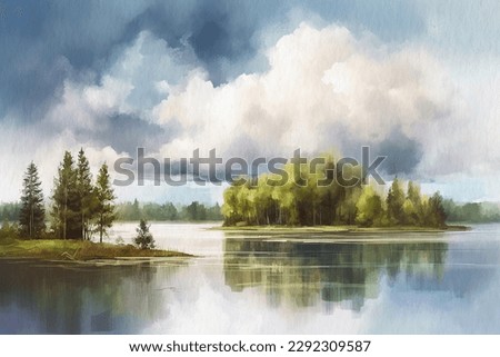Before a thunderstorm, landscape painted with watercolors on textured paper. Digital Watercolor Painting