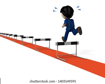 Beginning of a long work experience. A young businessman who began running hurdle race. Rear view. White background. 3D illustration.