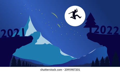 Beginning of new journey, Jumping from 2021 to 2022 silhouette illustration with mountain and night sky background, Happy new year 2022.  